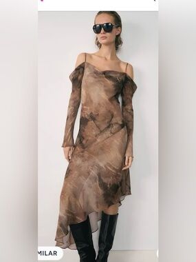 Mango MNG Italian Fabric Abstract Asymmetrical Drape Midi Dress 6 size M
